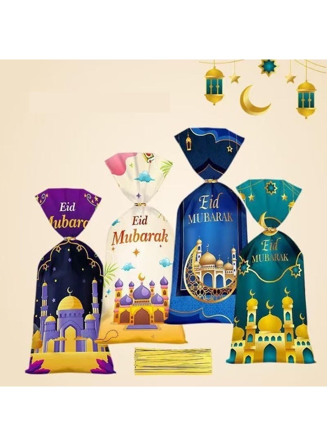 50 PCS Eid Mubarak Candy Cookie Bags with Twist Ties, Ramadan Gift Treat Bags Package, Muslim Castle Moon Star Favor Bags for Islamic Party Supplies - Image 1